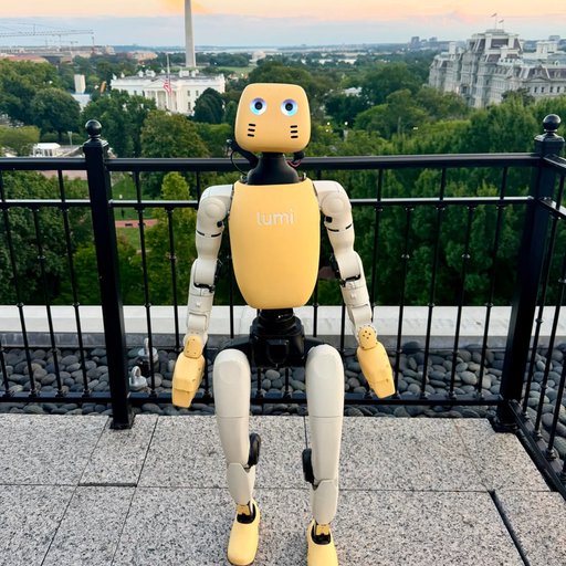 LUMI robot in front of the White House at sunset